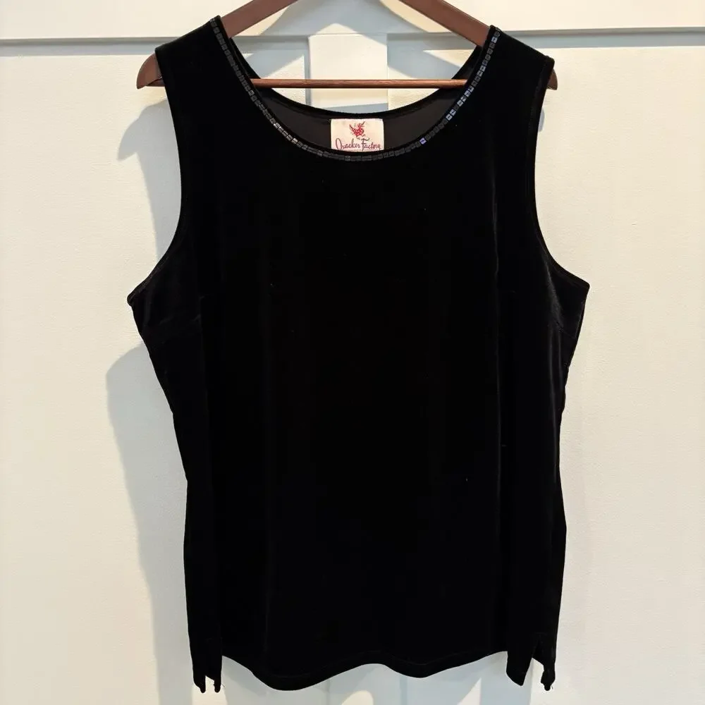 Black Velvet Tank Top XL Stretch Sequin Trim Quacker Factory Side Vents Dressy - Picture 3 of 11